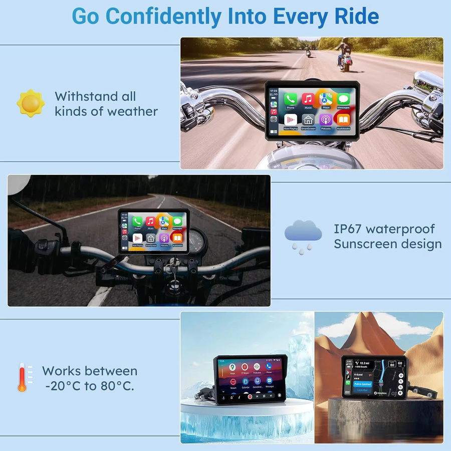 Jansite Motorrad-Navigationssystem mit Android Auto und Apple CarPlay, 5/7 Zoll tragbarer Bluetooth-Monitor, IP67 wasserdicht, Schwarz - Bild 4