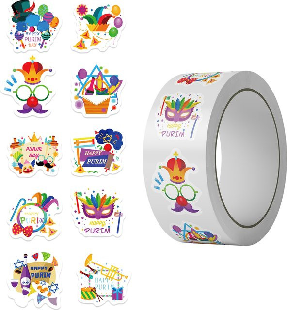 500 Stück Purim-Festival-Aufkleber in Rolle, bunte Karnevals-Sticker für Party-Dekoration, Geschenkverpackung und Journaling, Mehrfarbig - Bild 1