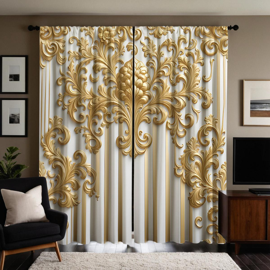 2-teiliges semi-transparentes Vorhangset von Household supplies MH in Gelbgold mit europäischem Blumenmuster, Breite: 132 cm, Höhe: 160 cm - Bild 2