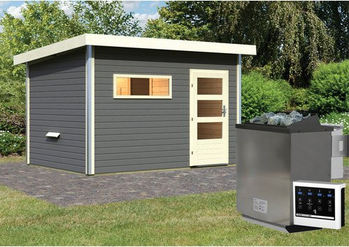 KARIBU Saunahaus Schwanenburg 2 aus Fichtenholz in Grau mit 9 kW Bio-Kombi-Ofen und externer Steuerung, B/T/H: 337 x 231 x 239 cm - Bild 1