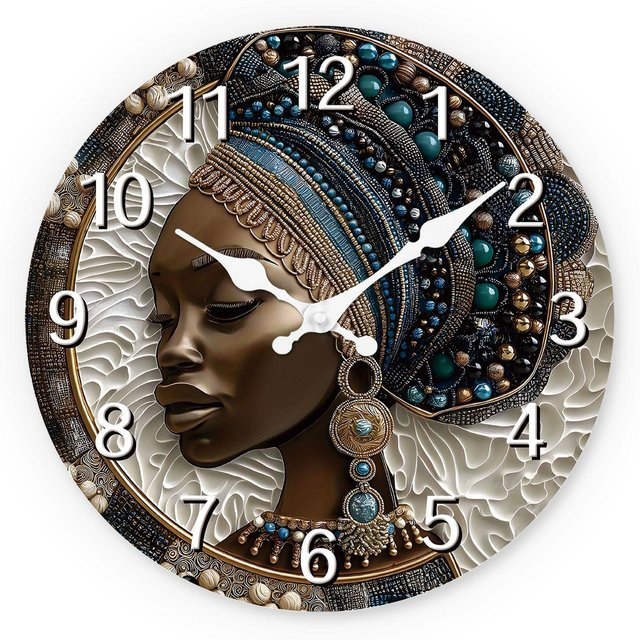 Linyi Toy Künstlerische Afrikanische Stammes-Frau Wanduhr aus Bambusholz, kreisförmig, Multicolour, Durchmesser: 25,4 cm - Bild 1