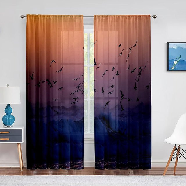 Transparenter Chiffon-Tüllvorhang mit Vogelschwarm-Motiv von Super Six, Breite: 100 cm, Höhe: 250 cm - Bild 1