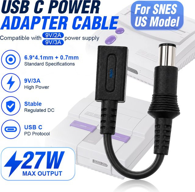 Auroxin USB-C PD Stromkabel für US SNES Retro-Konsole SNS-001 SNS-101, Schwarz, Anschlussgröße: 6,9 x 4,1 mm - Bild 1