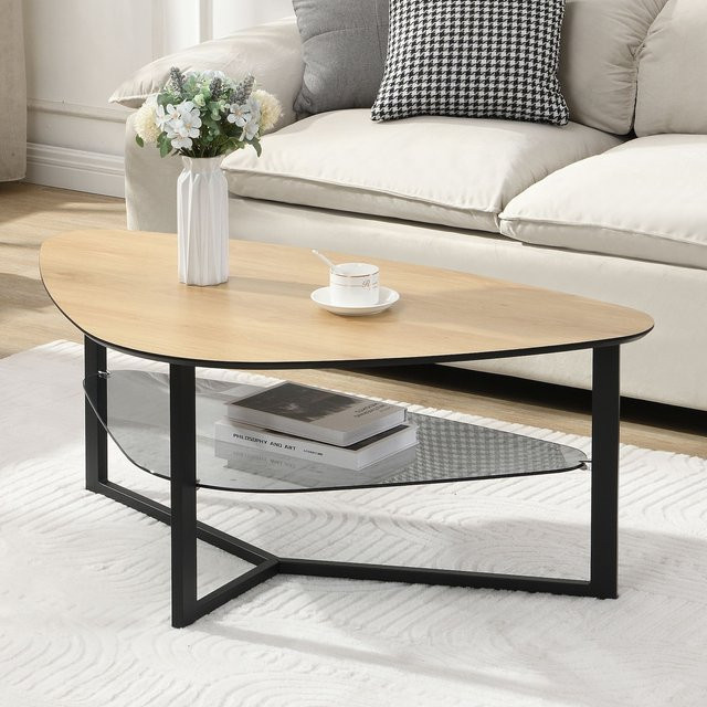 FineBuy Couchtisch nierenförmig in Eiche Optik mit Glasablage, Farbe: Braun/Schwarz, B/T/H: 110 x 65 x 45 cm - Bild 1