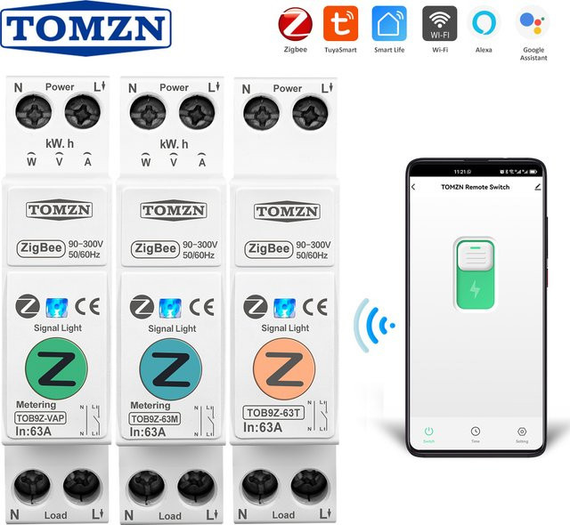 TOMZN Zigbee Smart Switch 63A Energiezähler zur Messung von kWh und Leistung mit Timerrelais und MCB Schutz, Weiß - Bild 1