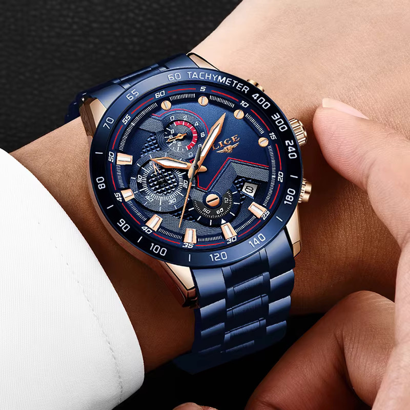 Lige Armbanduhr Chronograph, Quarz, Edelstahl, Blau, Herren - Bild 4