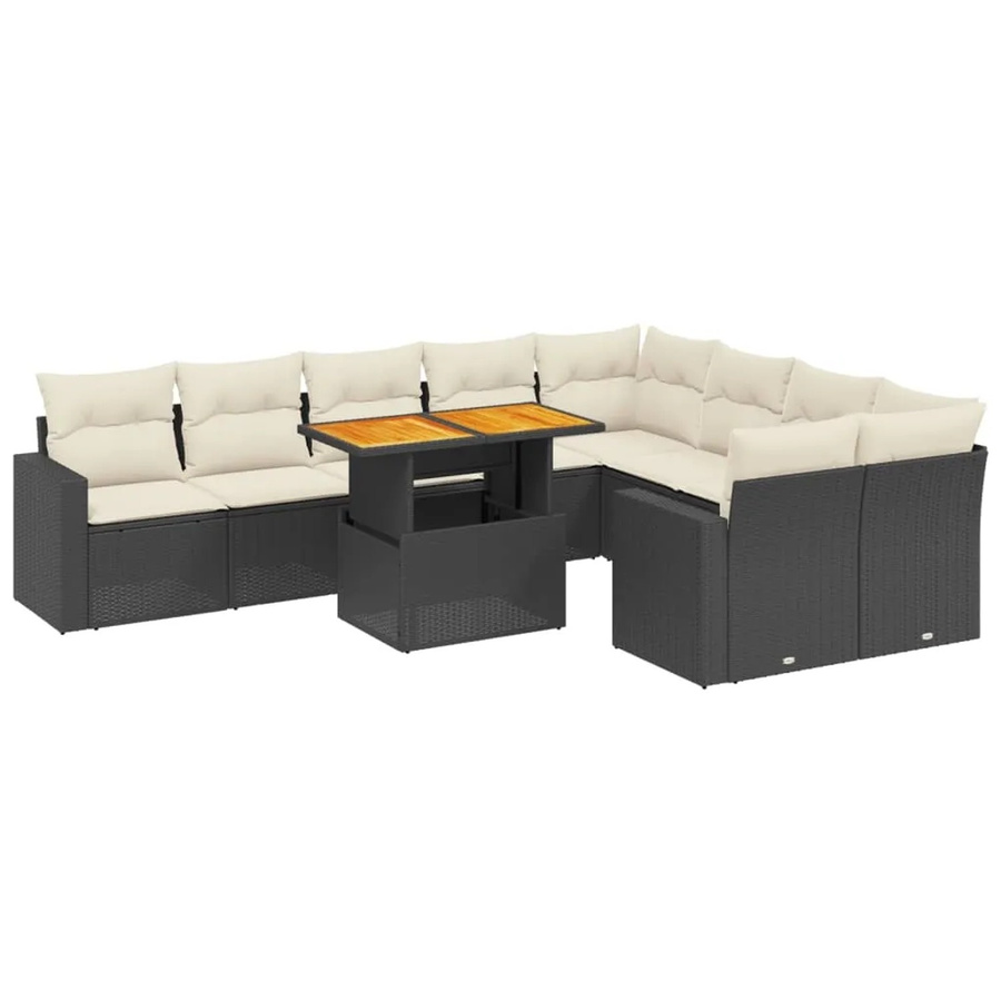 vidaXL 10-tlg. Garten-Sofagarnitur in L-Form aus Polyrattan und Akazienholz mit Kissen in Schwarz-Creme - Bild 2