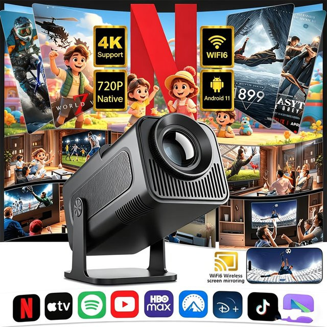 Sucetiho HY320 Mini-Videoprojektor in Schwarz mit Android 11, 720P HD-Auflösung, 300 ANSI, Wifi6 und Bluetooth 5.0 für 4K-Filme mit 180 Grad drehbarem Design - Bild 1
