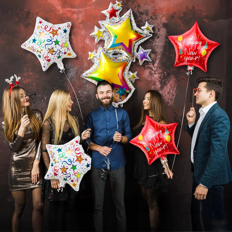 5er Set YAYB Silvester Folienballons in Sternform für Neujahr 2026, Mehrfarbig, 45,72 cm Durchmesser - Bild 3