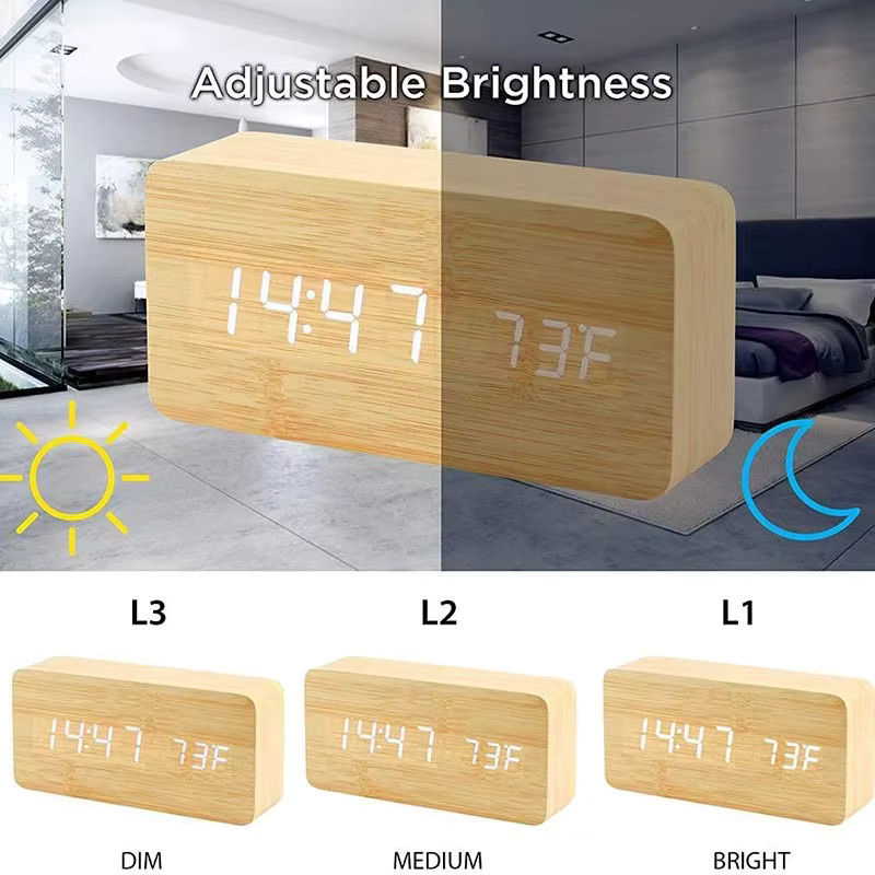 Niditon Digitaler Wecker aus Holz, LED-Tischuhr mit Temperaturanzeige in Schwarz - Bild 3