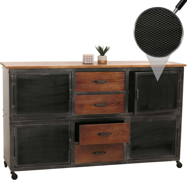 MCW Sideboard MCW-N28 Kommode im Industrial Retro Design mit 4 Schubladen und Rollen, Schwarz Braun, B/T/H: 150 x 90 x 40 cm - Bild 1