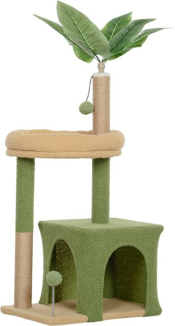 Aosom PawHut Kratzbaum mit Höhle und Spielbällen im Blätter-Design, Farbe: Braun+Grün, Höhe: 98 cm - Bild 1