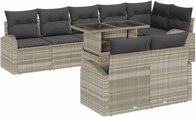 vidaXL Garten-Sofa-Set aus Polyrattan in Hellgrau, 9-teiliges L-Shape Lounge-Set mit Tisch, Polsterkissen und integriertem Stauraum - Bild 1