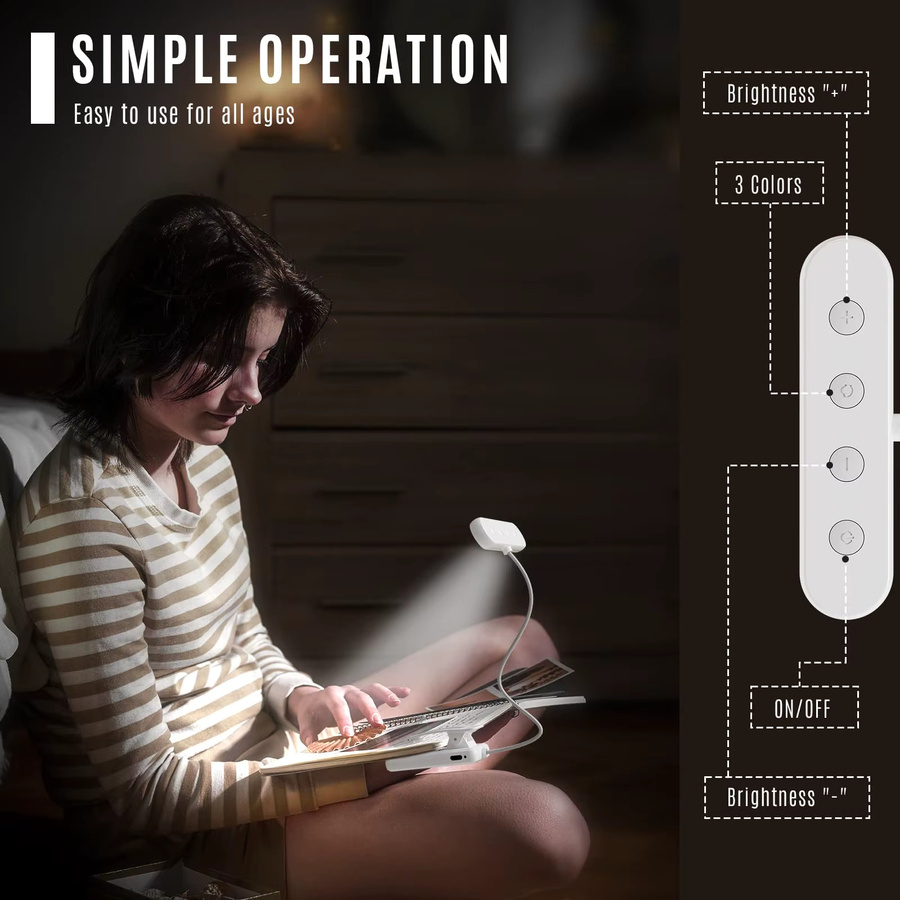 LQWELL 3er Set LED Nachttisch-Leselampen in Weiß, wiederaufladbare USB-Leselampen mit 3 Farbtemperaturen, 10 Helligkeitsstufen und stufenloser Dimmfunktion, flexibles 360 Grad Buchlicht für Kinderzimmer und Schlafzimmer - Bild 6