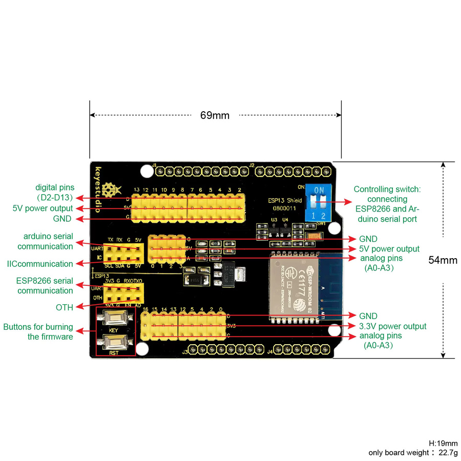 KEYESTUDIO ESP13 WIFI Serial Port Shield ESP8266 Entwicklungsboard für Arduino UNO & Mega 2560 in Schwarz - Bild 2