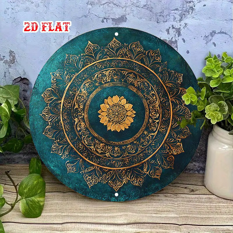 Rundes Vintage Blechschild HELLOYOUNG mit goldenem Lotus und türkisfarbenem Blumenmuster als Wanddekoration aus Metall - Bild 3