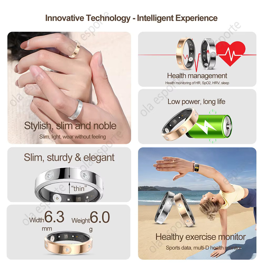 Ola Esporte Smart Ring mit Diamant-Design in Silber für Damen und Herren mit Herzfrequenzmessung, Schlafmonitor und IP68 Wasserdichtigkeit für Android und iOS - Bild 3