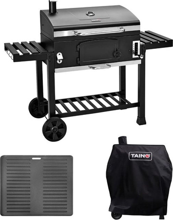 Taino Hero XXL Smoker Set Holzkohlegrill in Schwarz mit Grillplatte aus Gusseisen und Haube