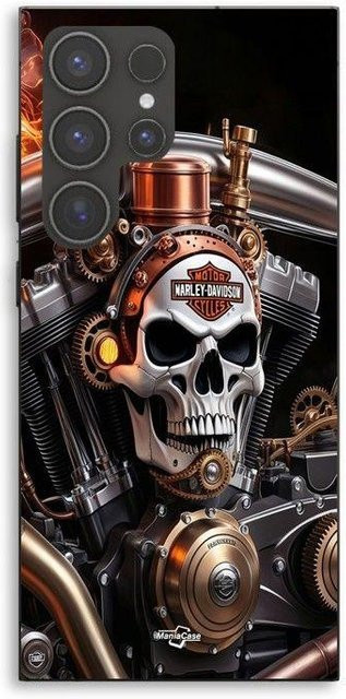 MANIACASE Handyhülle für Samsung Galaxy S23 Ultra aus Silikon TPU mit Harley Davidson Mechanischem Totenkopf in Schwarz - Bild 1