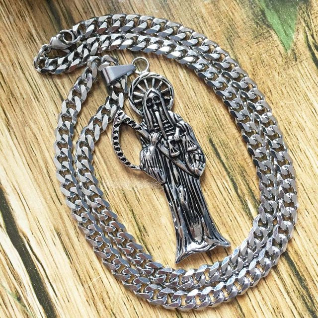 Wucifang Jewelry Halskette, Santa Muerte Anhänger, Edelstahl, Silber, Herren, 60cm - Bild 1