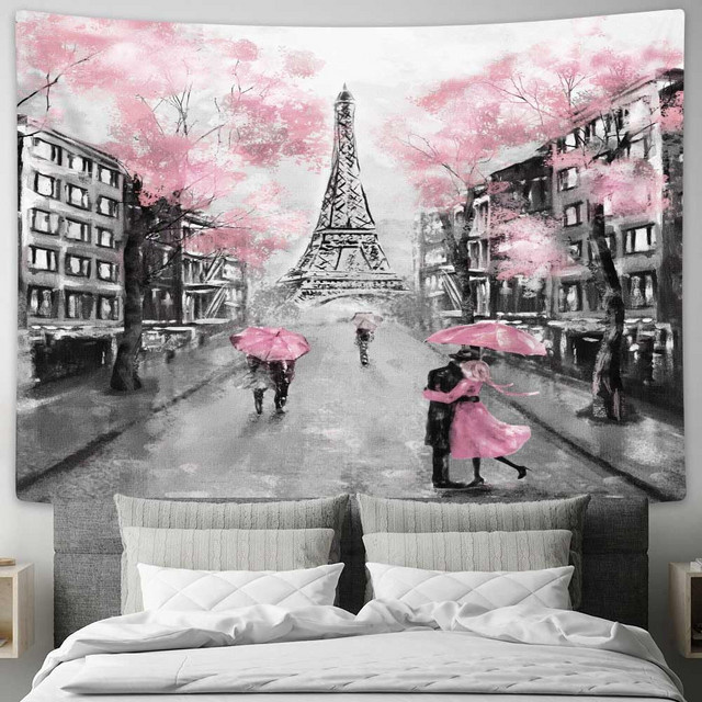 VIKAMA Wandbehang im romantischen Ölgemälde-Stil mit Eiffelturm und rosa Regenschirm, Farbe: Pink/Multicolor - Bild 1
