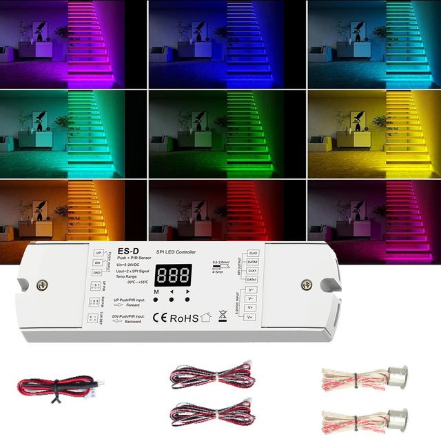 CENFAYA PIR-Bewegungssensor Treppenlichtsteuerung mit Druckdimmer und SPI-Controller für 28 Arten IC Digital RGB Weiße LED-Streifen DC 5-24V - Bild 1