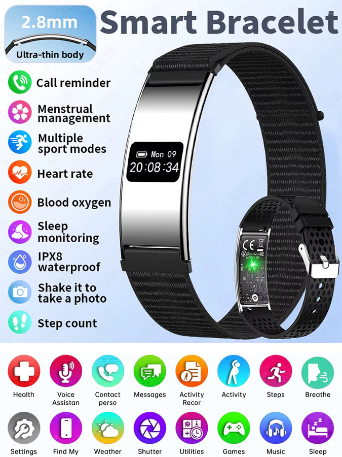 LIGE Smartwatch Fitness-Tracker mit Herzfrequenz- und Stressmonitor, wasserdichtes Smart-Armband mit Anruferinnerung und 2 Armbändern, Farbe: Schwarz - Bild 7