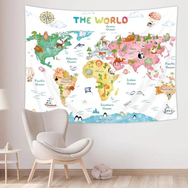 VIKAMA Kinder-Weltkarten-Wandteppich mit Tieren in Multicolour, Lehrreicher Wandbehang für Kinderzimmer und Schlafzimmer, B/H: 130 x 130 cm - Bild 1