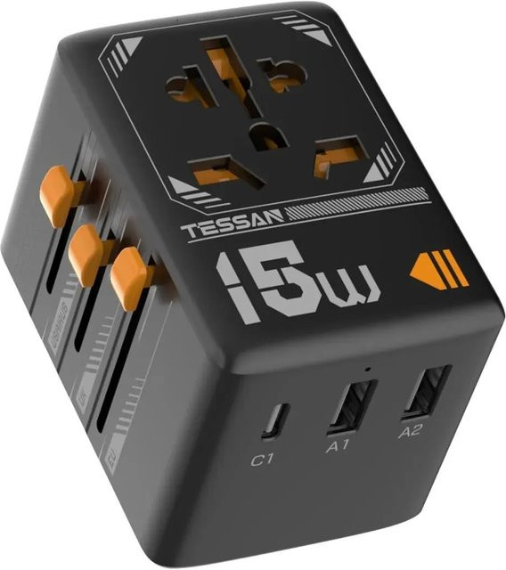 TESSAN Internationaler Reise-Netzadapter 15W mit USB-A und USB-C Ports in Schwarz - Bild 1