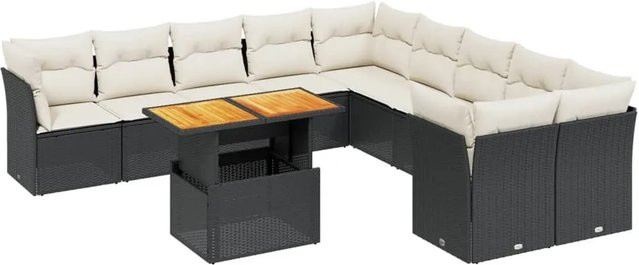 vidaXL 11-teilige Garten-Sofagarnitur in L-Form aus Polyrattan und Akazienholz mit Kissen, Schwarz-Creme - Bild 1