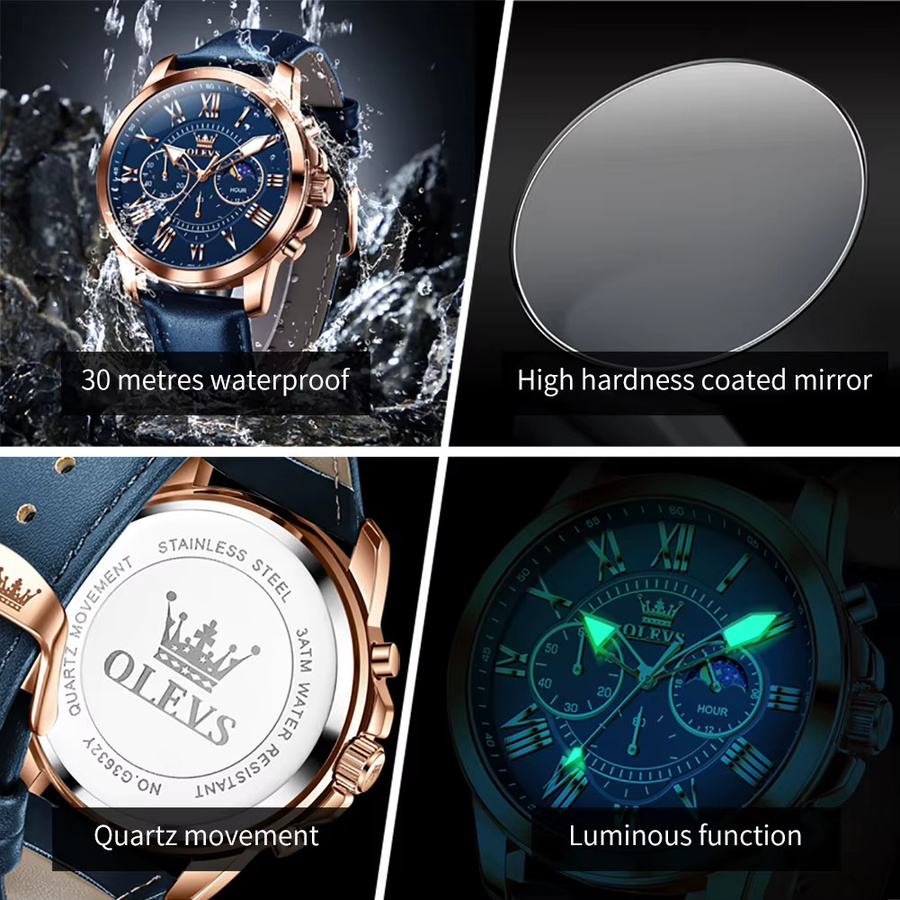 OLEVS Chronograph, Quarz, Lederarmband, Blau, Herren - Bild 3
