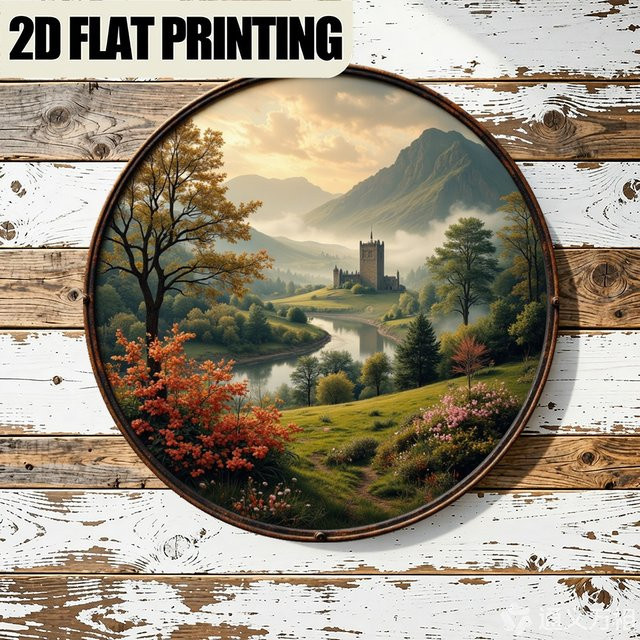 CIFBUY Vintage Schloss-Landschaft Wandkunst aus Holz, rundes Wandschild in Multicolour, Durchmesser: 20 cm - Bild 1