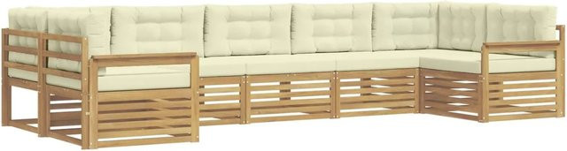 vidaXL Outdoor-Sofagarnitur aus Akazienholz in U-Form, 7-teilig, Weiß und Beige mit Kissen - Bild 1