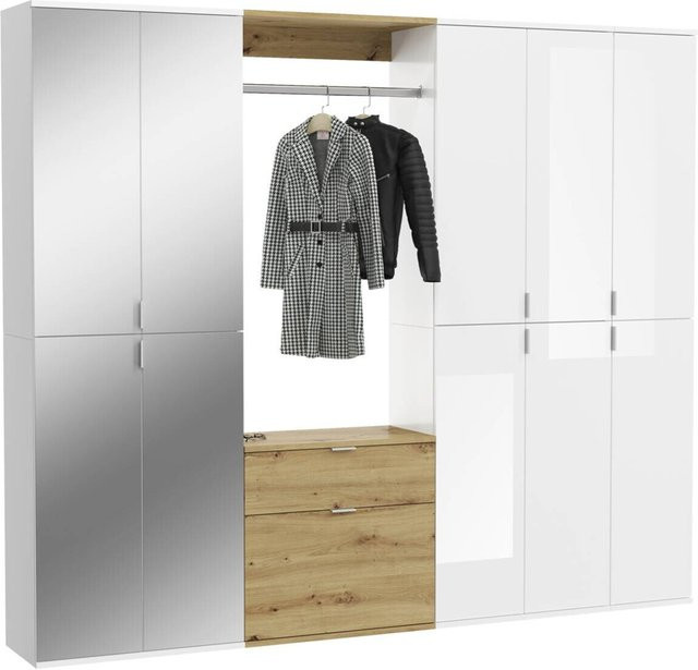 Garderobe xonox.home PROJEKT Eiche Artisan Nachbildung Weiß Hochglanz mit Spiegel B/H/T: 213 x 193 x 34 cm - Bild 1