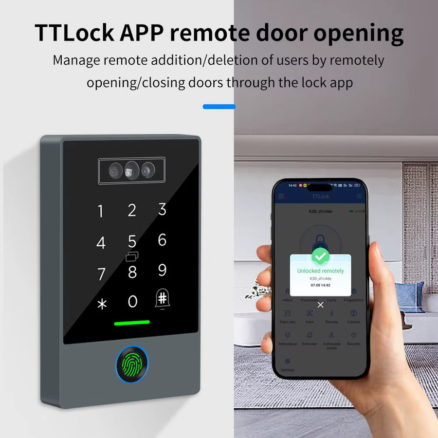 TTLOCK Video-Türklingel-Gegensprechanlage mit Gesichtserkennung, Fingerabdruck und Palmen-Scan, 3-in-1 Anwesenheitsmaschine in Schwarz, IP67 von LUCKING DOOR - Bild 1
