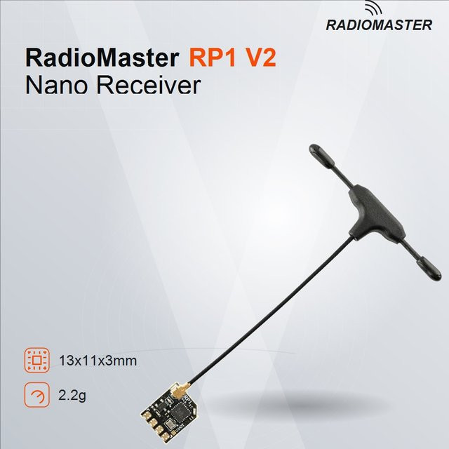 RadioMaster RP1 V2 2,4GHz ELRS Nano-Empfänger mit SX1281 CRSF und 65mm UFL T-Antenne in Schwarz für FPV-Renndrohnen und Flugzeuge - Bild 1