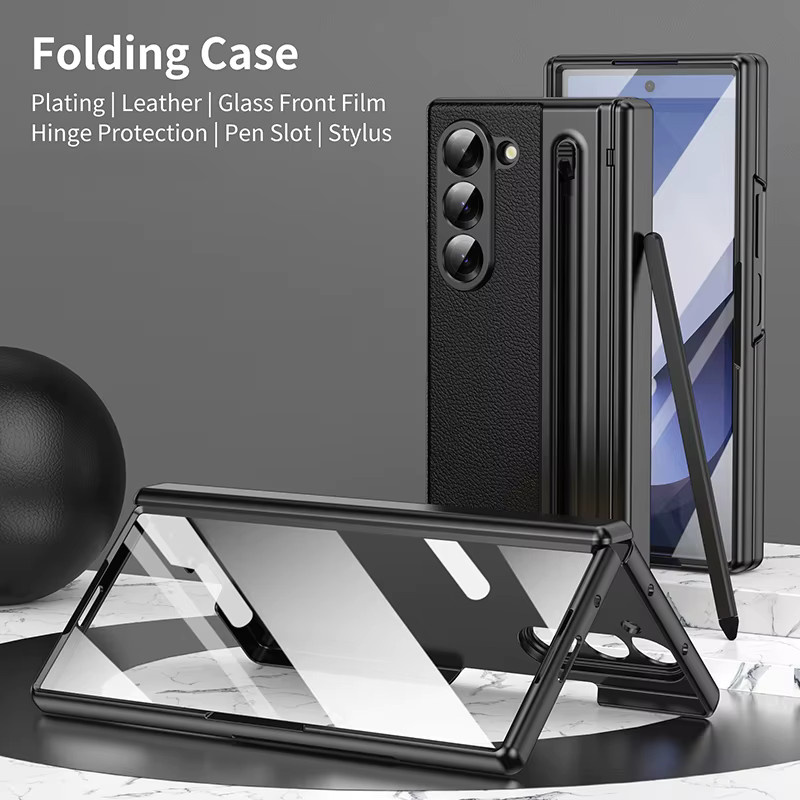 Samsung Galaxy Z Fold 8 7 6 5 4 3 Lederhülle mit Scharnierschutz, Touchpen und integriertem Displayschutz in Pink oder Black - Bild 3