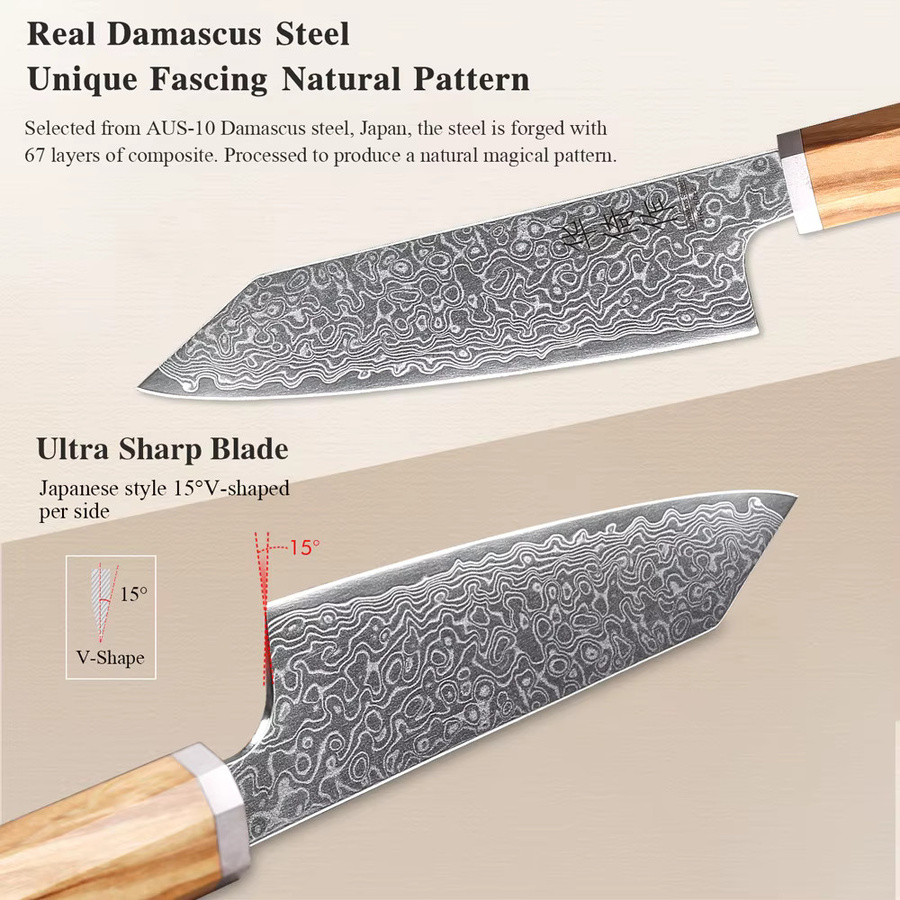HUAYIGRAND Japanisches Bunka-Allzweckmesser aus 67-lagigem Damaszener Stahl, handgeschmiedetes Kochmesser für Fleisch, Obst und Gemüse, Silber - Bild 4