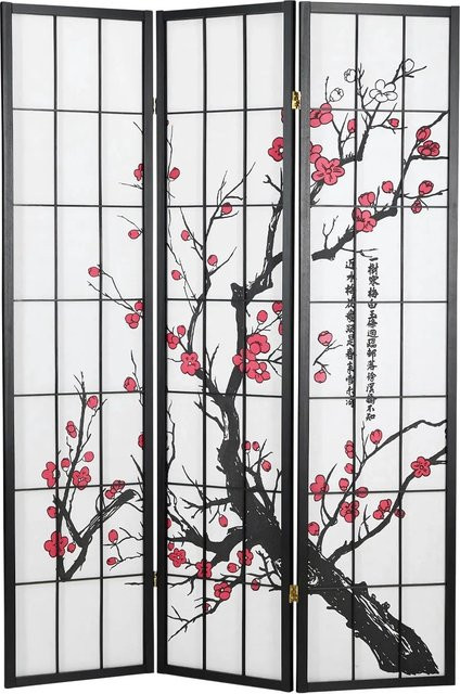Homestyle4u 3-tlg. Shoji Paravent aus Holz und Reispapier mit Kirschblütenmotiv in Schwarz, B/H: 132 x 175 cm - Bild 1