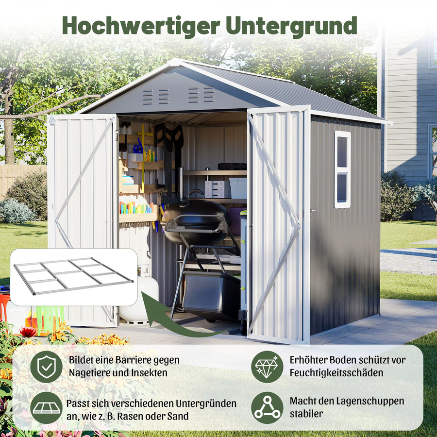 GIHAUVIA Outdoor-Gartenschuppen aus verzinktem Stahl in Silber, robustes Gartenhaus mit Metallbodengestell und abschließbaren Türen, B/T/H: 185 x 182 x 191 cm - Bild 6