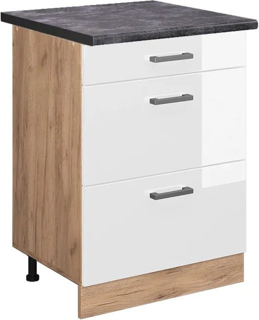 Vicco Küchenunterschrank R-Line in Weiß Hochglanz und Goldkraft Eiche mit Schubladen in Anthrazit, Breite: 60 cm, Höhe: 81,6 cm, Tiefe: 60 cm - Bild 1