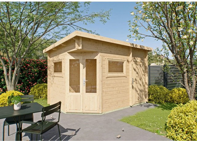 Fjordholz Gartenhaus Modell Leva 2D als 5-Eck Log Cabin in Braun mit Fenster und Tür - Bild 1