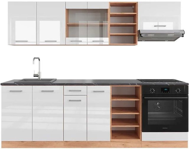 Vicco R-Line Küchenzeile Weiß Hochglanz und Goldkraft Eiche mit Anthrazit, Breite: 240 cm - Bild 1