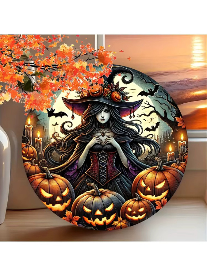 HELLOYOUNG Halloween Metallschild mit Hexe und Kürbis, runde Wanddekoration in Multicolour, Durchmesser: 20 cm - Bild 6