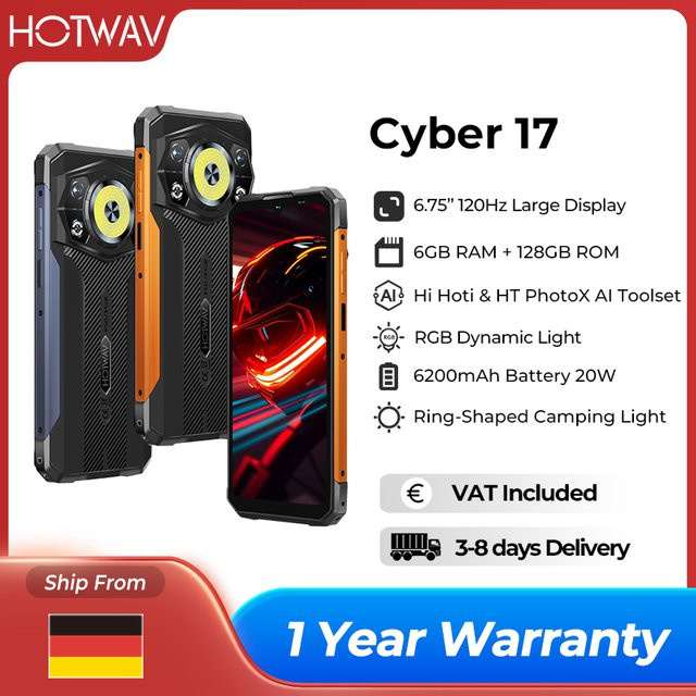 HOTWAV Cyber 17 Robustes Smartphone mit Android 16, 6,75 Zoll 120Hz HD+ Display, RGB Dynamisches Licht, 48MP+16MP Kamera, 6GB RAM, 128GB ROM, 6200mAh Akku, Orange/Schwarz - Bild 1