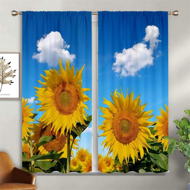 Yiran Furniture 3D Vintage Vorhänge mit Sonnenblumen-Print, 2er-Set, halbtransparent, Mehrfarbig, Breite: 50 cm, Höhe: 130 cm - Bild 1