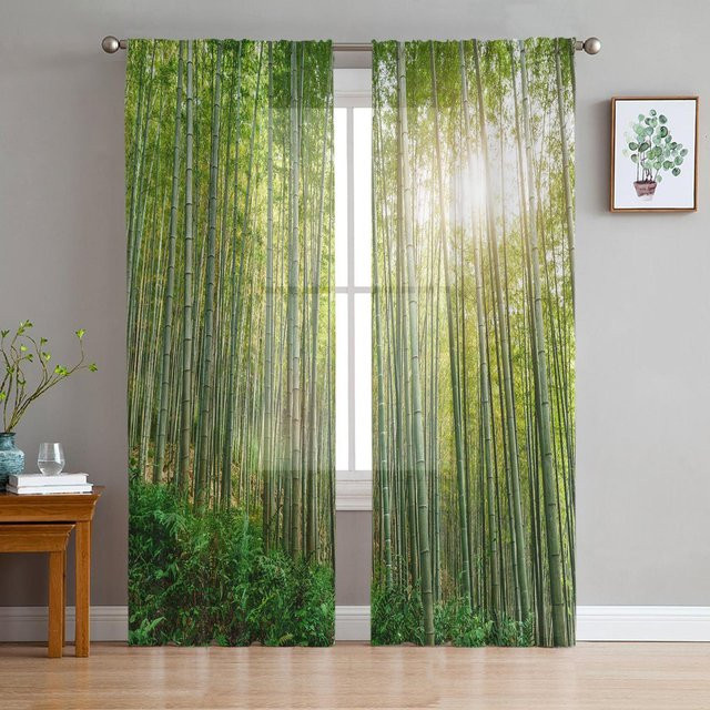 Transparente Vorhänge mit grünem Bambuswald-Motiv aus Organza, Breite: 135 cm, Höhe: 160 cm - Bild 1