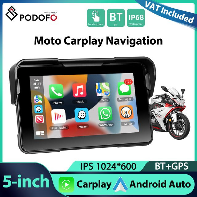 Podofo 5 Zoll Motorrad Smart Player mit Carplay und Android Auto, Reifendruckerkennung, IP68 wasserdicht, Schwarz - Bild 1
