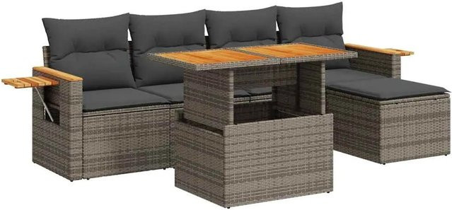 vidaXL 6-teilige Garten-Sofagarnitur in L-Form aus Polyrattan und Akazienholz mit Kissen in Grau - Bild 1