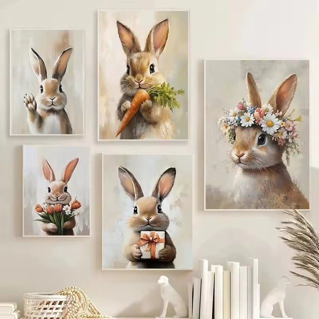 Potdemiel Vintage Leinwanddruck Osterhase mit Frühlingsblumen und Karotten als Wandbild in Mehrfarben - Bild 1